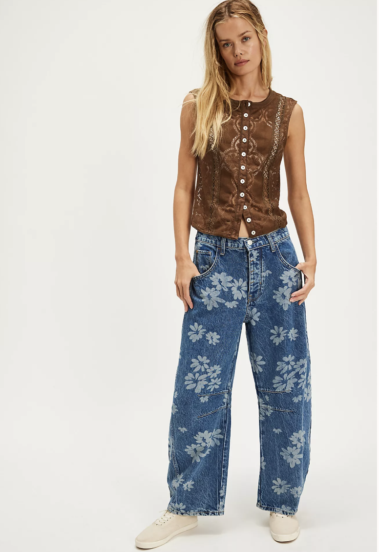 FreePeople Good Luck Printed Barrel Jean